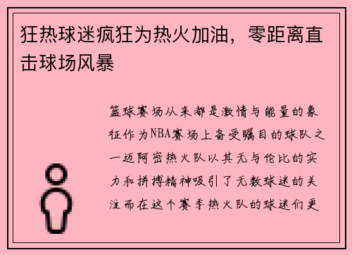 狂热球迷疯狂为热火加油，零距离直击球场风暴